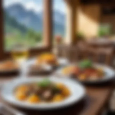 A table set with local delicacies in a restaurant at Sella Ronda.