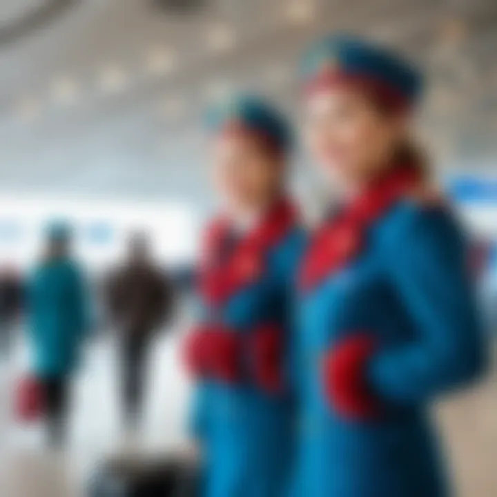 Airline staff welcoming passengers at a Siberian airport