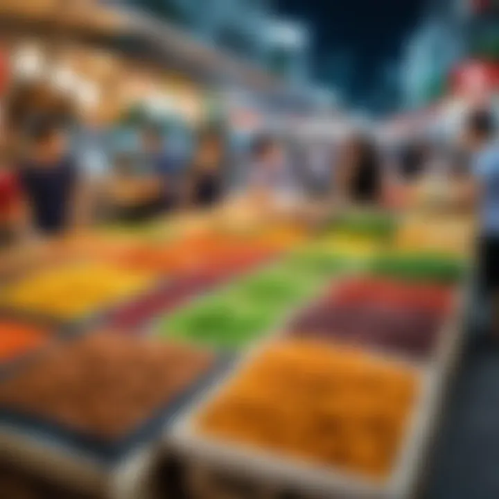 A vibrant street market scene in Singapore featuring local delicacies