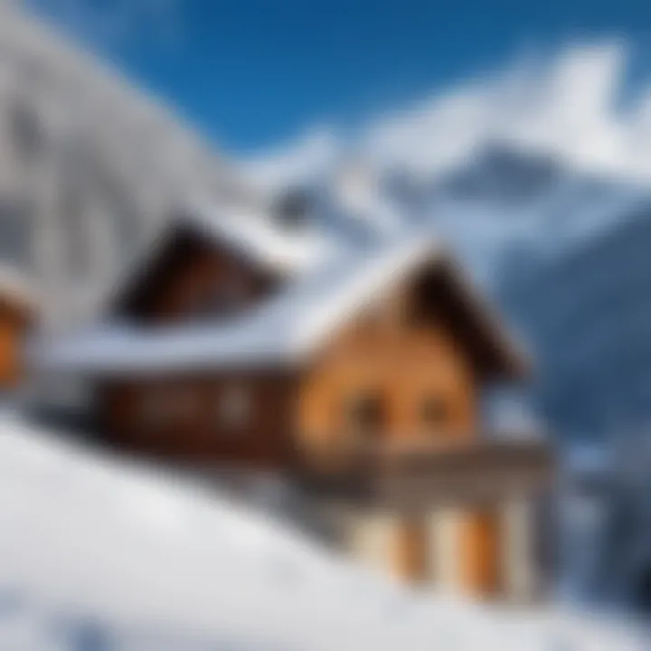 Cozy chalet surrounded by snow-covered slopes.