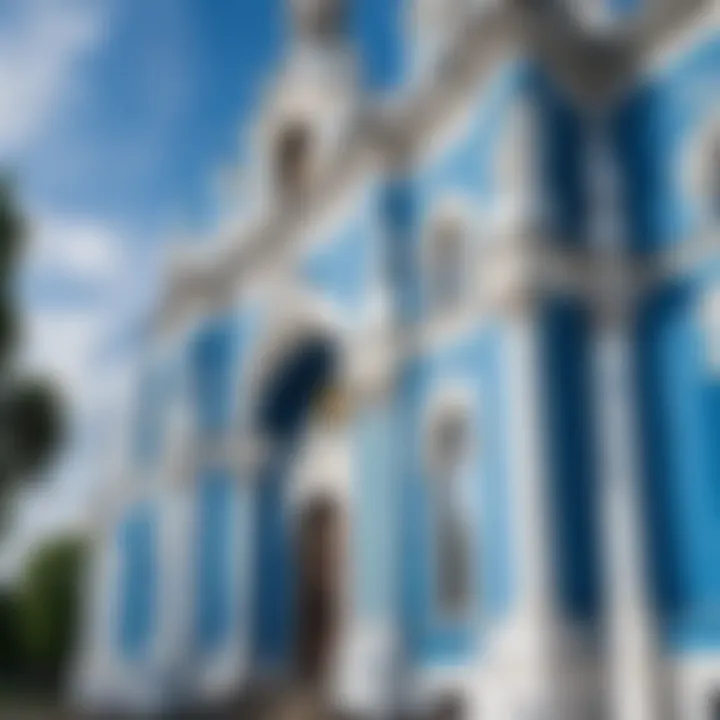 Exterior view of Smolny Cathedral showcasing its stunning blue and white facade