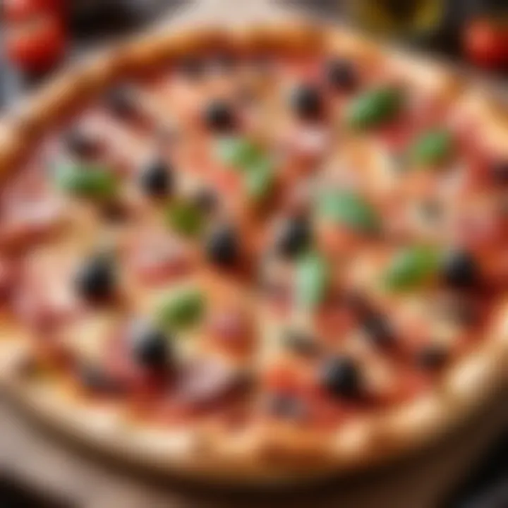 A close-up of a gourmet pizza topped with fresh ingredients.