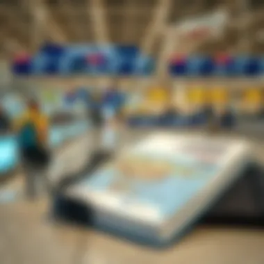 An informative travel guidebook placed against a backdrop of an airport check-in desk