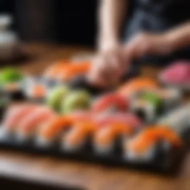 Traditional Japanese culinary techniques applied in sushi making, emphasizing artistry.