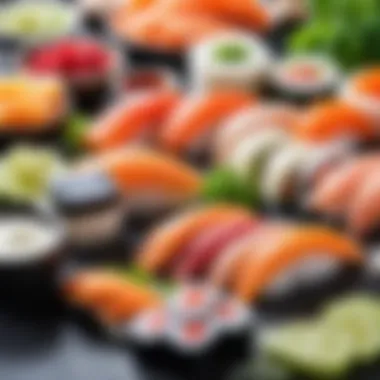 A close-up of fresh ingredients used in sushi preparation, highlighting quality and variety.