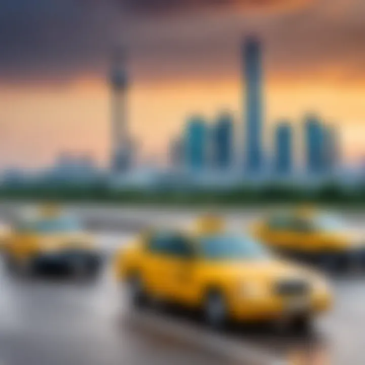 Taxi cab in front of Vnukovo Airport with city skyline in the background