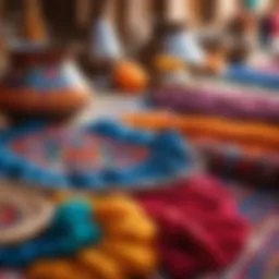 A vibrant market scene showcasing traditional crafts and textiles from Central Asia.