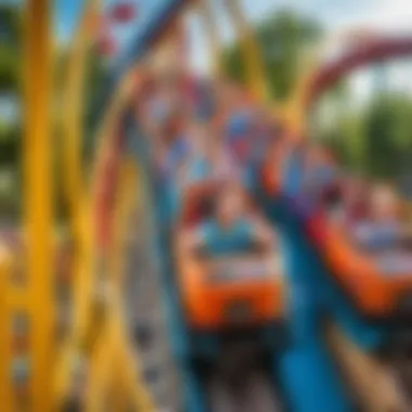 Visitors enjoying the thrill of a roller coaster ride in a busy amusement park.