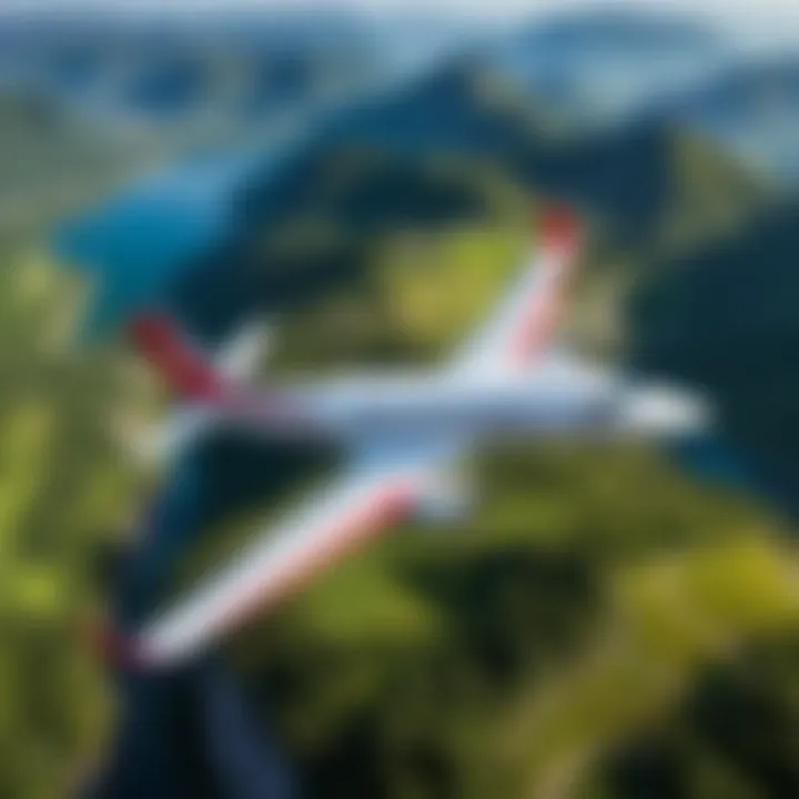 A stunning aerial view of an aircraft from TK Airlines soaring over a picturesque landscape