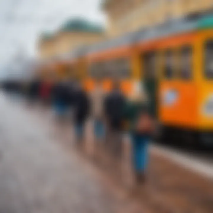 Passengers boarding tram No. 4 at a bustling stop in Yekaterinburg.