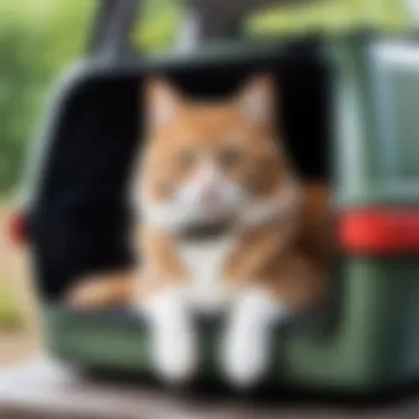 A cat resting in a pet carrier inside a vehicle