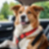 A dog comfortably secured in a car seatbelt