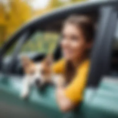 A pet owner interacting lovingly with their dog in a car