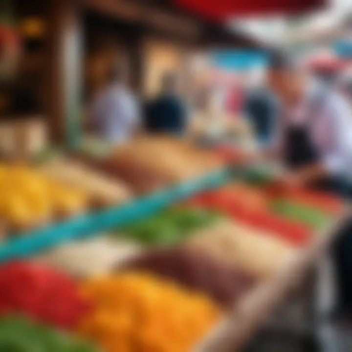 Travelers enjoying local cuisine at a vibrant market