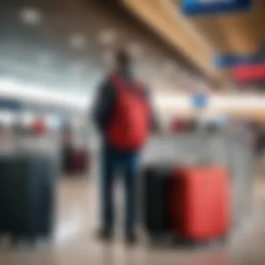 A traveler with luggage at an airport checkpoint