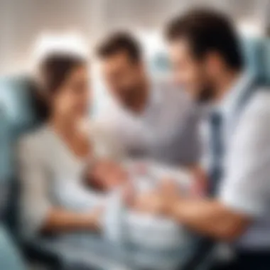 Parents Securing Baby in Cradle Parents securing their baby in a cradle during a flight