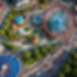 Aerial view of a bustling theme park showcasing rides and attractions
