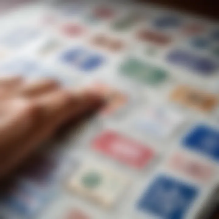 A traveler examining their passport with multiple visa stamps from different countries.