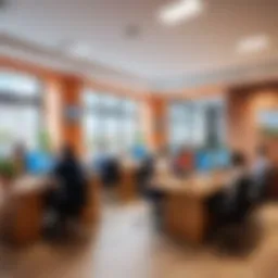 A bustling travel agency office showcasing teamwork and collaboration.