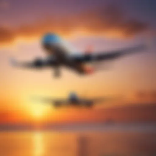 Airplane taking off against a sunset background