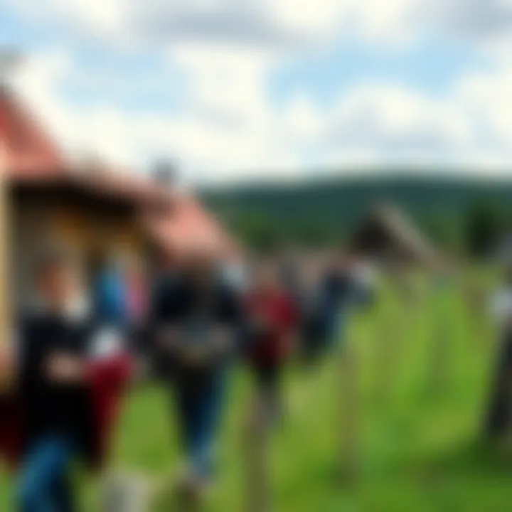 Visitors enjoying various activities in the Viking village