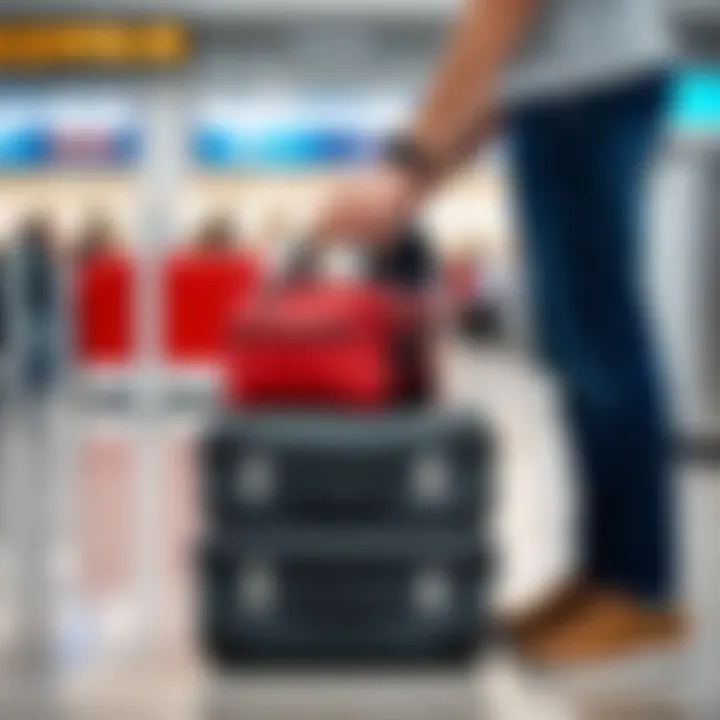 A traveler weighing luggage at an airport scale