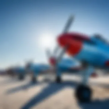 A stunning view of the Yamal Aircraft Park showcasing vintage planes against a clear blue sky